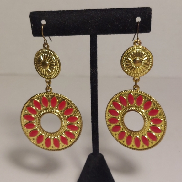 Jewelry - Gold Tone Orange Mandala Fish Hook Dangle Earrings Boho Glam Lightweight